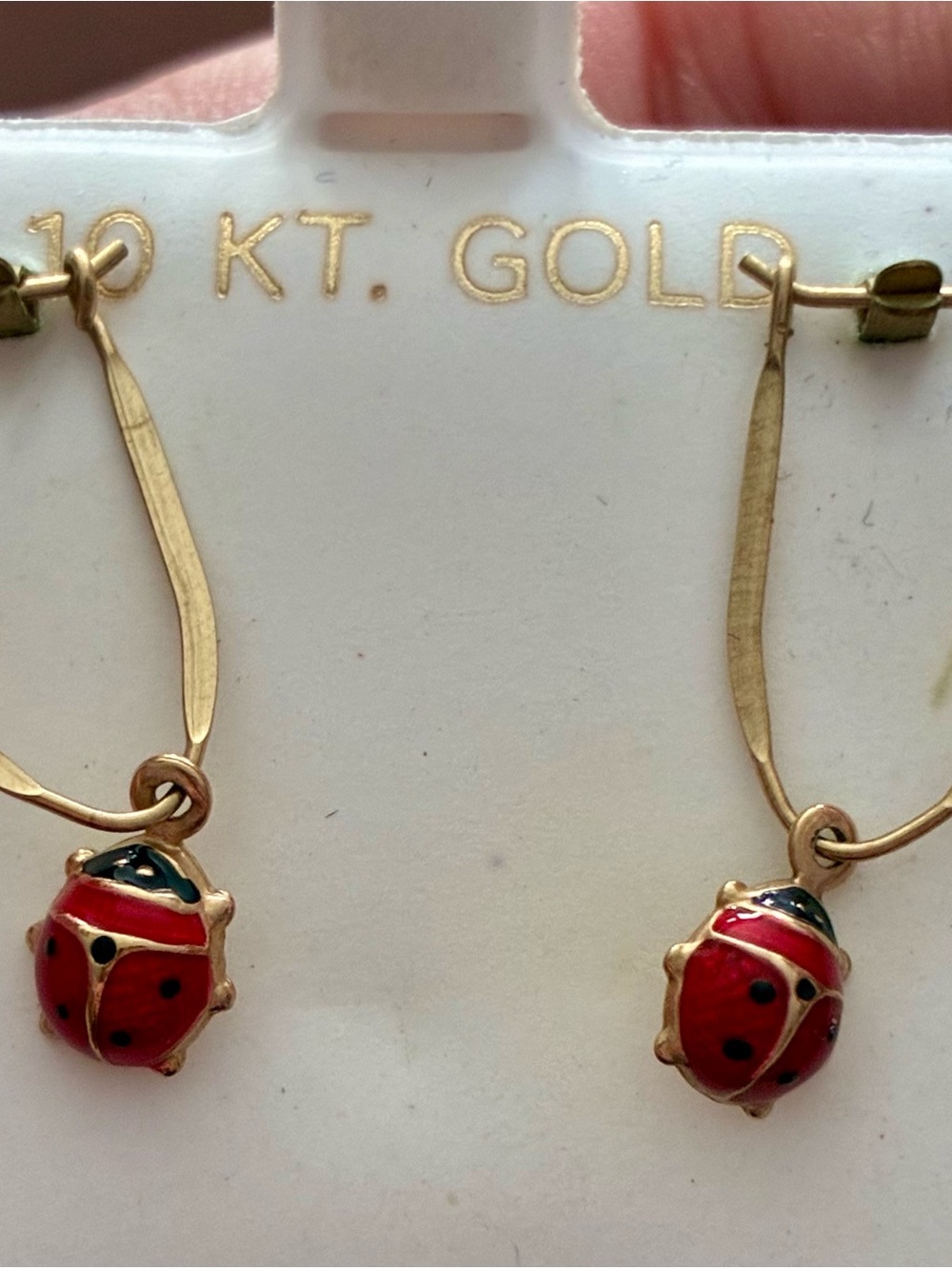 10K stamped Gold Dangle Ladybug Earrings with Red Enamel 1” total drop - Picture 2 of 3